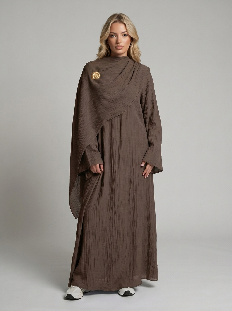 Abaya mit Cape und Brosche Braun
